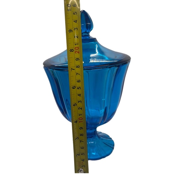Vintage LE Smith Blue Glass Covered Pedestal Compote Candy Dish w/ Lid 10” EUC - Picture 11 of 14